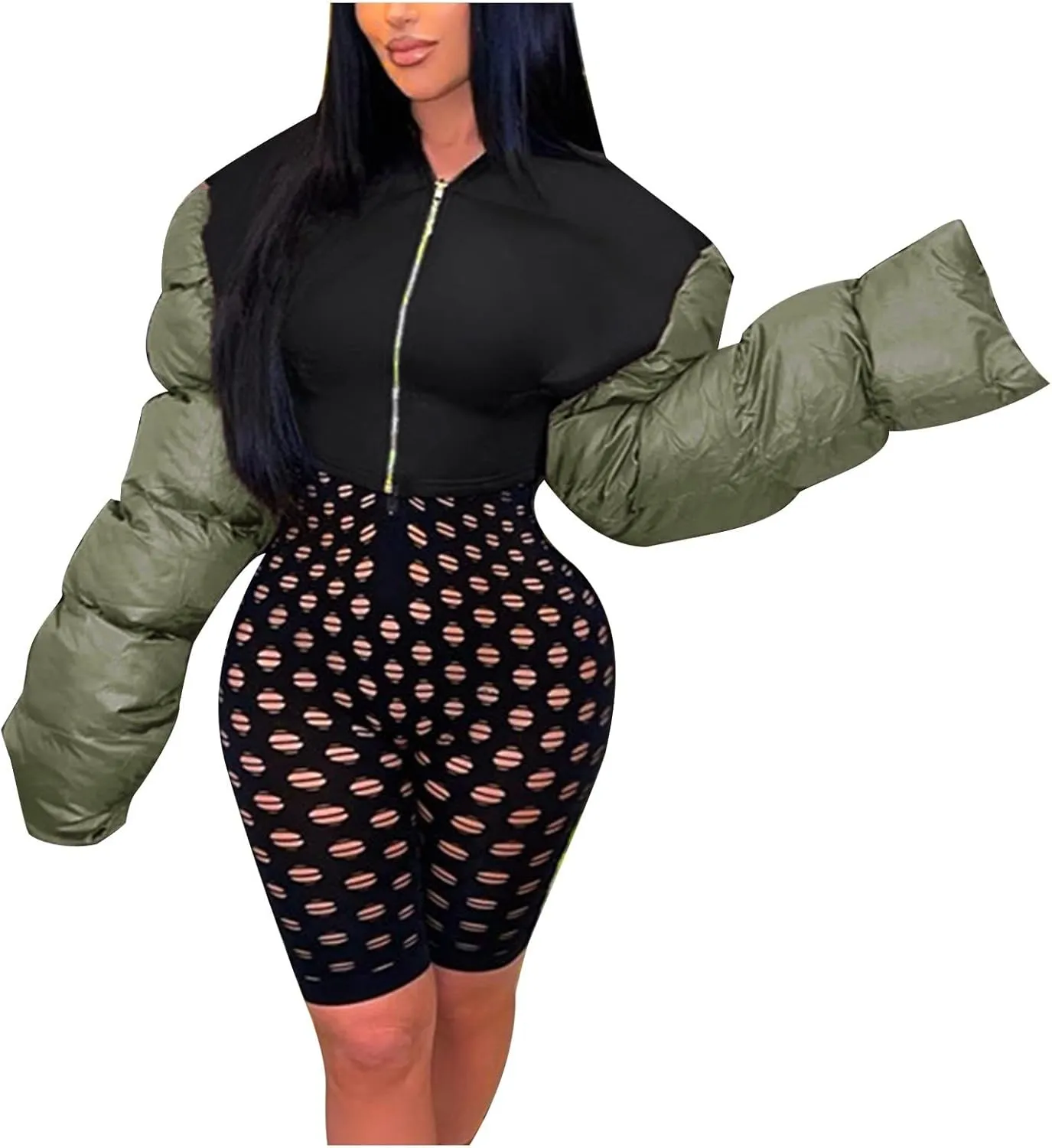 DASAYO Women's Puffy Long Sleeve Zip Cropped Puffer Jacket Color Block Quilted Puffy Down Coat Slouchy Winter Outwear Trendy