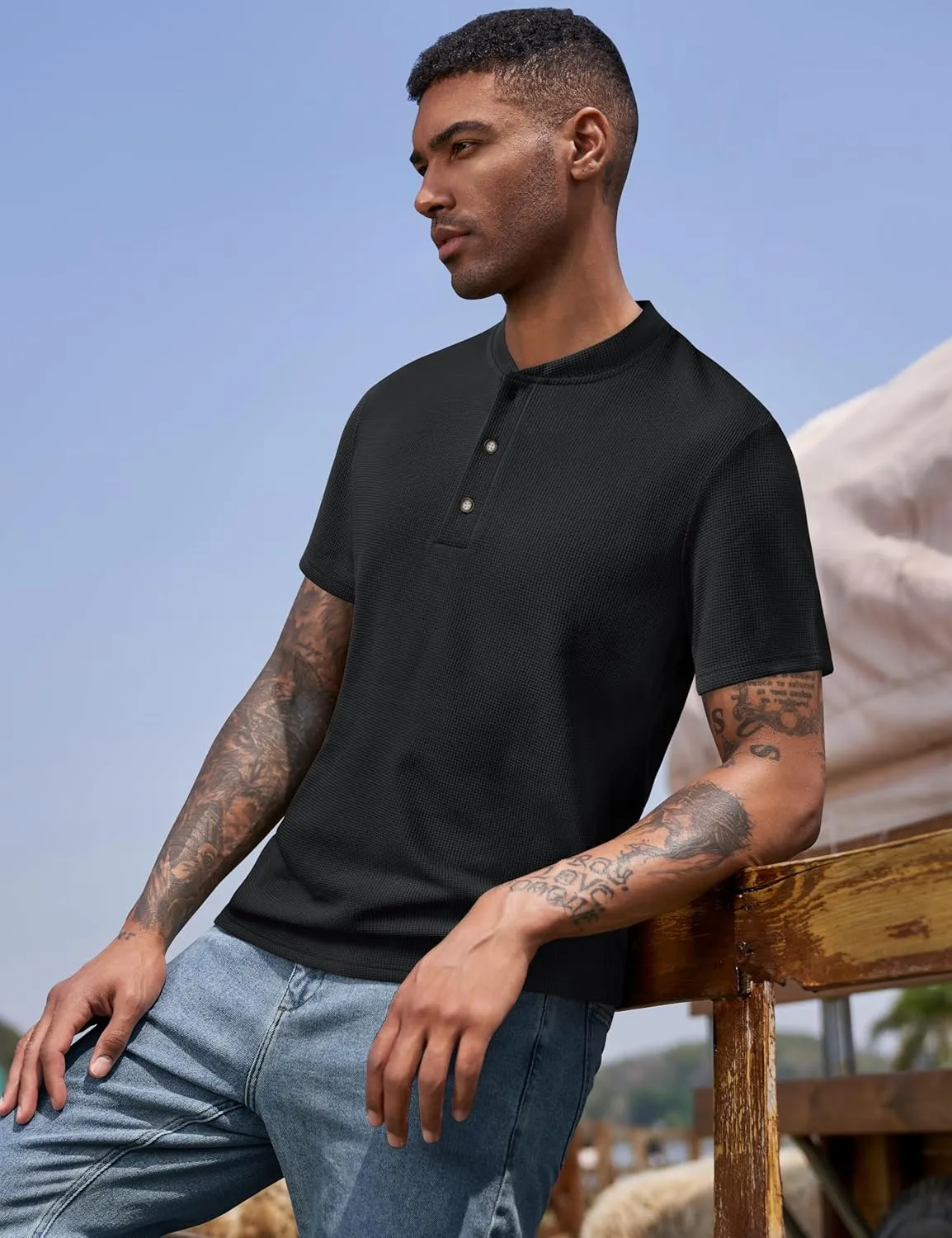 Derminpro Men's Casual Waffle Knit Henley Short Sleeve Buttoned T-Shirts