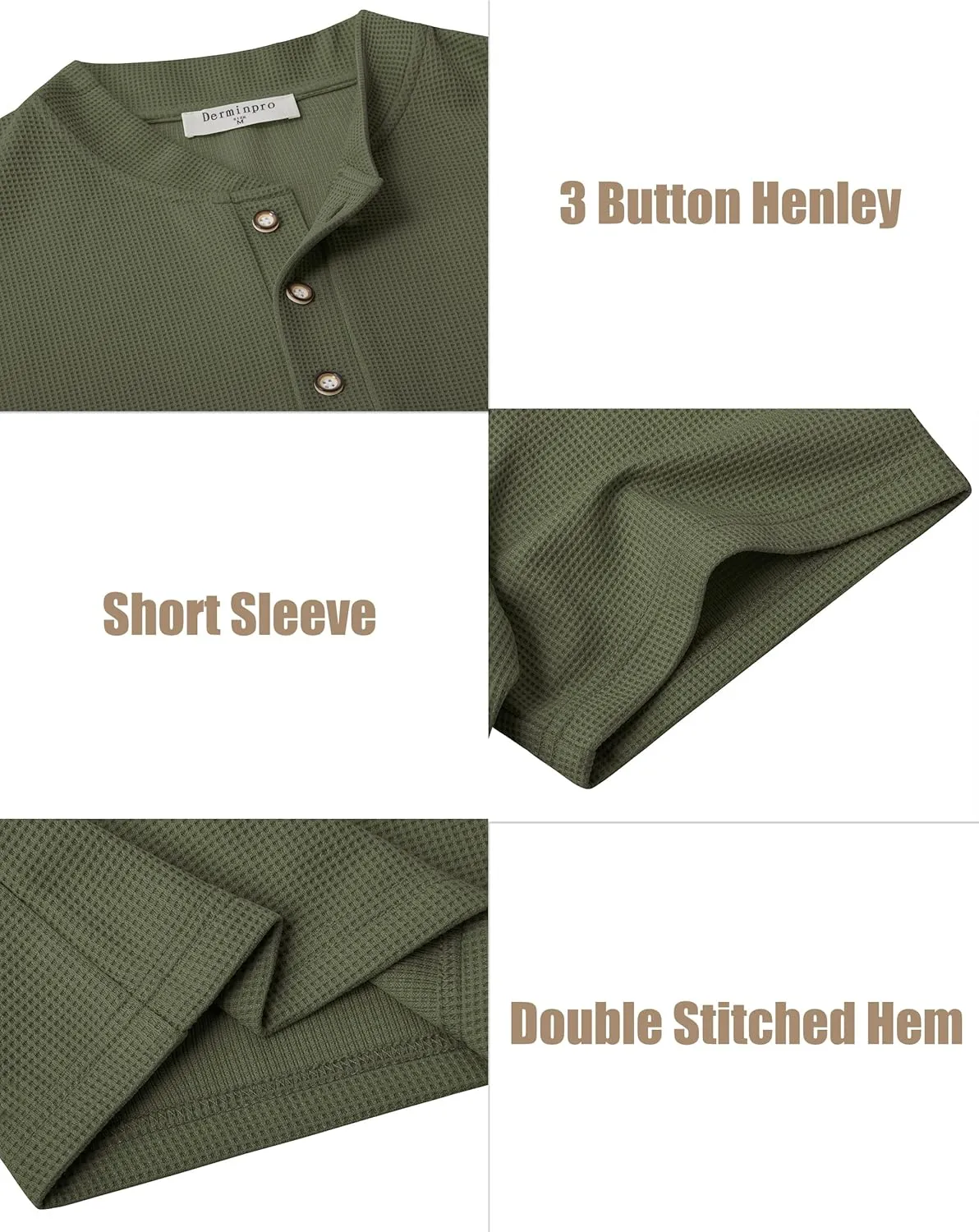 Derminpro Men's Casual Waffle Knit Henley Short Sleeve Buttoned T-Shirts