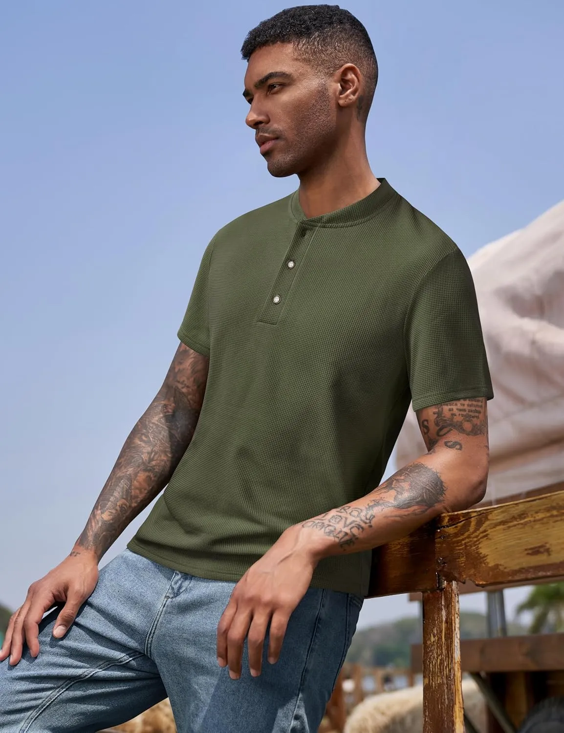 Derminpro Men's Casual Waffle Knit Henley Short Sleeve Buttoned T-Shirts