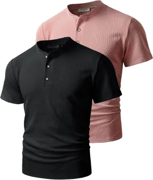 Derminpro Men's Casual Waffle Knit Henley Short Sleeve Buttoned T-Shirts