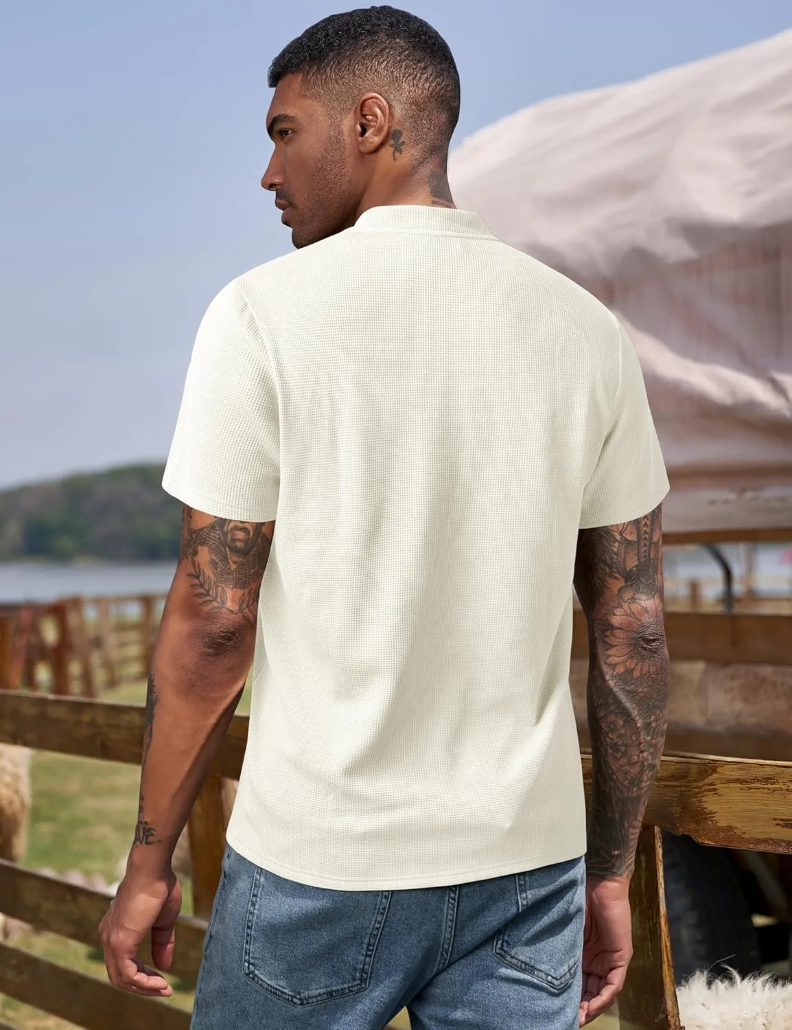 Derminpro Men's Casual Waffle Knit Henley Short Sleeve Buttoned T-Shirts