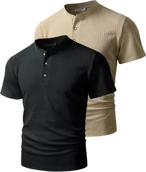 Derminpro Men's Casual Waffle Knit Henley Short Sleeve Buttoned T-Shirts