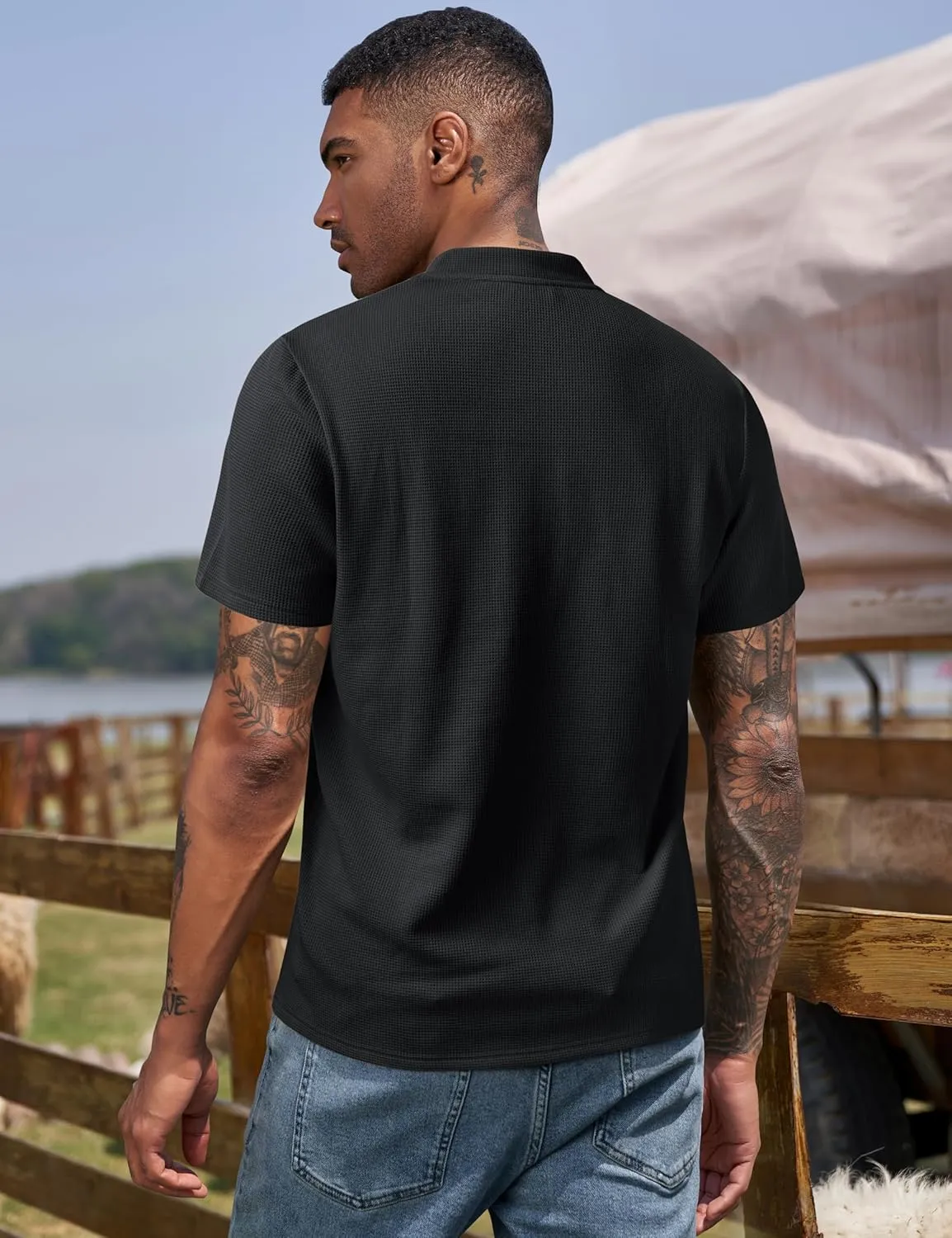 Derminpro Men's Casual Waffle Knit Henley Short Sleeve Buttoned T-Shirts