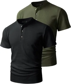 Derminpro Men's Casual Waffle Knit Henley Short Sleeve Buttoned T-Shirts
