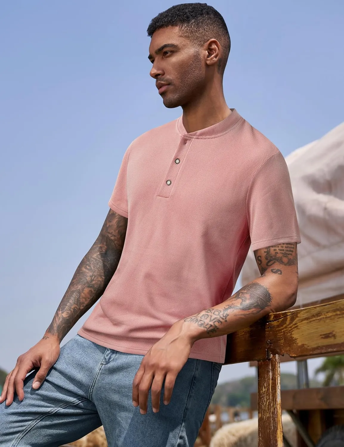 Derminpro Men's Casual Waffle Knit Henley Short Sleeve Buttoned T-Shirts