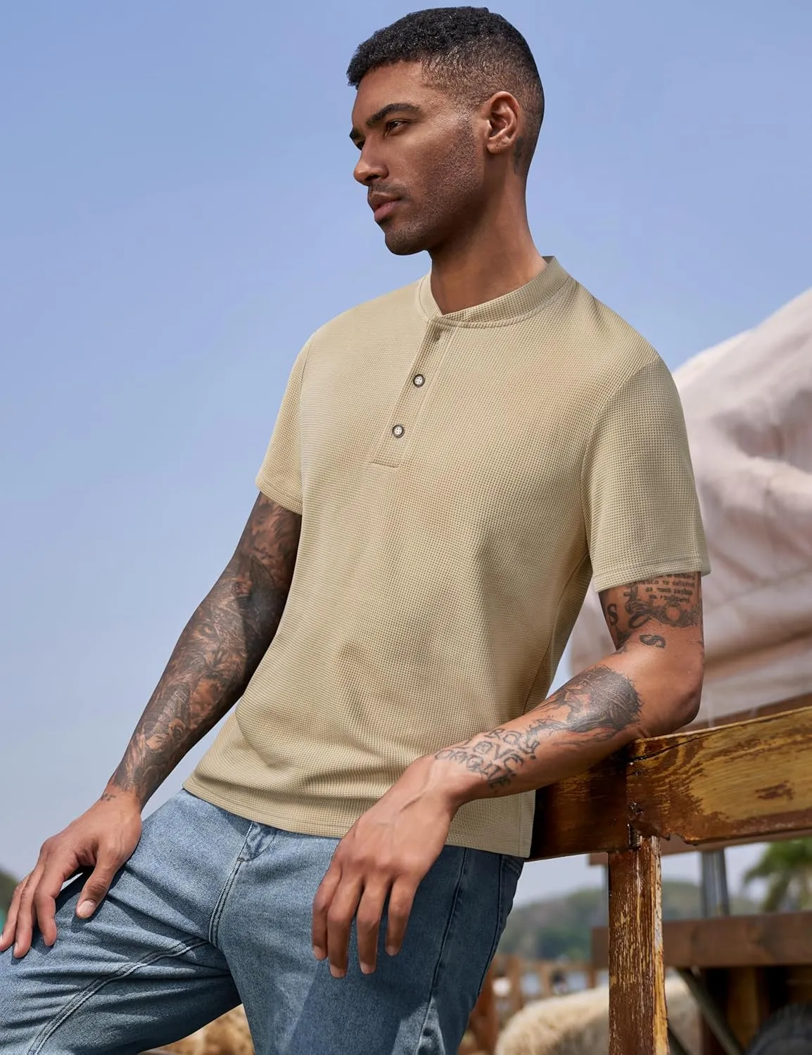 Derminpro Men's Casual Waffle Knit Henley Short Sleeve Buttoned T-Shirts