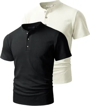 Derminpro Men's Casual Waffle Knit Henley Short Sleeve Buttoned T-Shirts