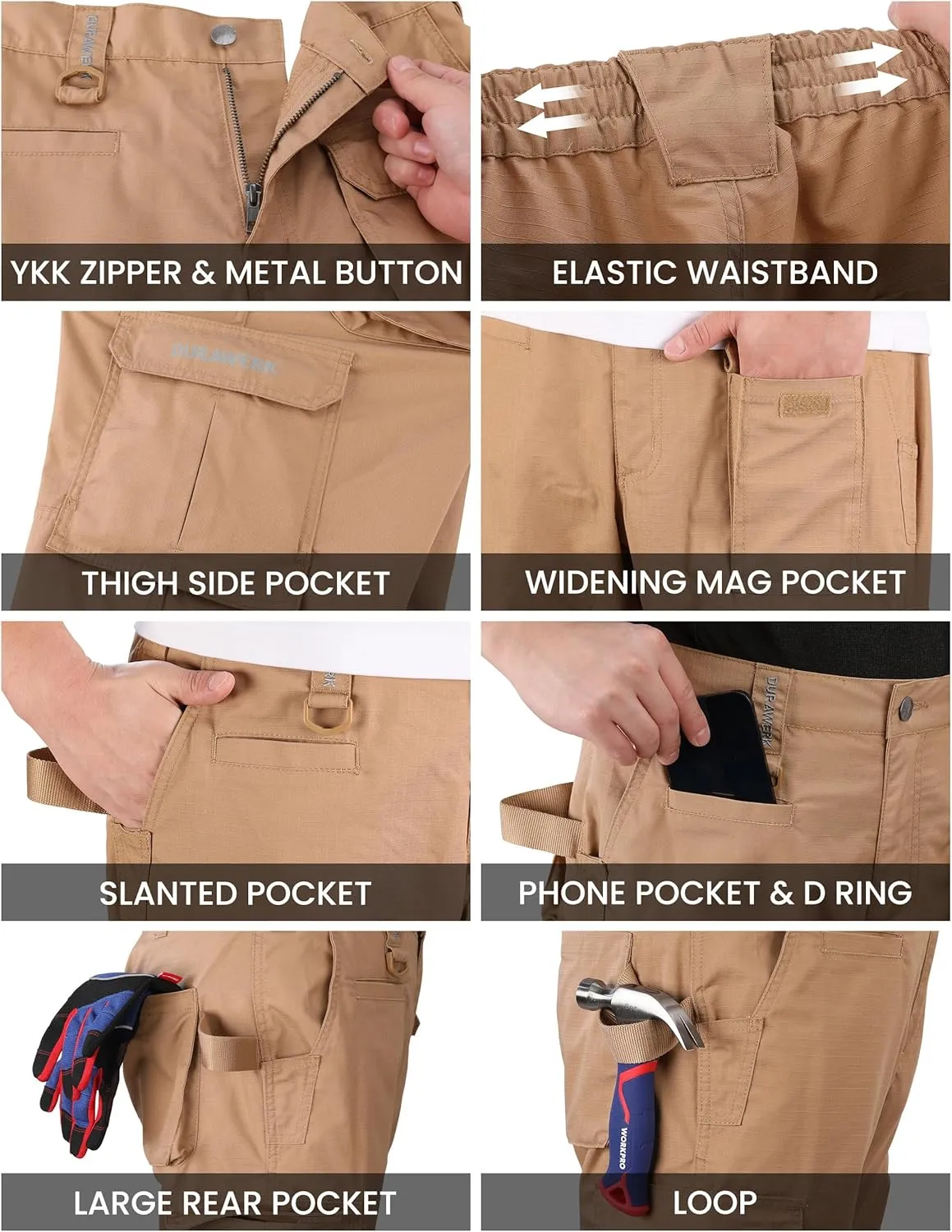 DURAWERK Men's Cargo Pants, Water Resistant Work Pants, Durable Ripstop Tactical Pants, EDC Hiking Pants, Hunting Pants