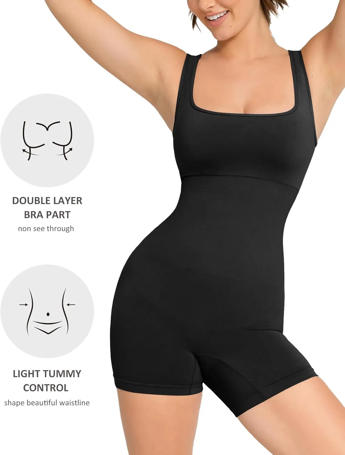 FeelinGirl Womens Strappy Square Neck Tank Top Tummy Control Bodycon Stretch Shorts Jumpsuit Outfit