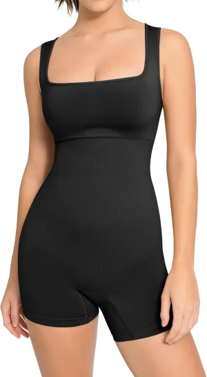 FeelinGirl Womens Strappy Square Neck Tank Top Tummy Control Bodycon Stretch Shorts Jumpsuit Outfit