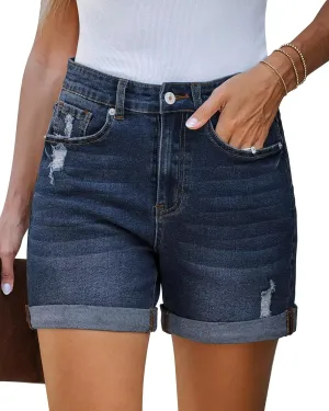 FEKOAFE Womens Trendy High Waisted Denim Shorts 2025 Ripped Jean Shorts Casual Stretch Shorts Dark Blue Small