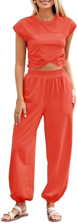 Fisoew Women's Two Piece Outfits Casual Lounge Sets Crop Tops and Joggers Tracksuit with Pockets