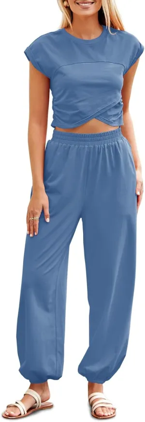 Fisoew Women's Two Piece Outfits Casual Lounge Sets Crop Tops and Joggers Tracksuit with Pockets