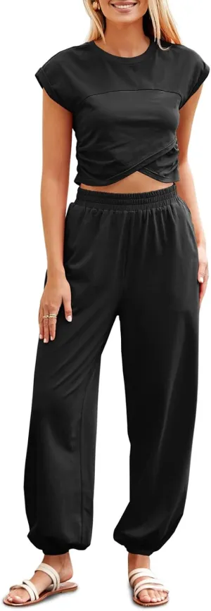 Fisoew Women's Two Piece Outfits Casual Lounge Sets Crop Tops and Joggers Tracksuit with Pockets