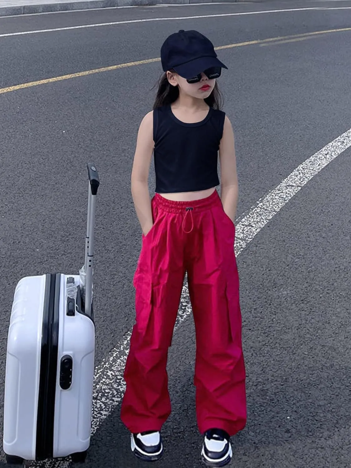 Girls Cargo Pants Elastic Waist Drawstring with Pockets Pants, 6-14 Years
