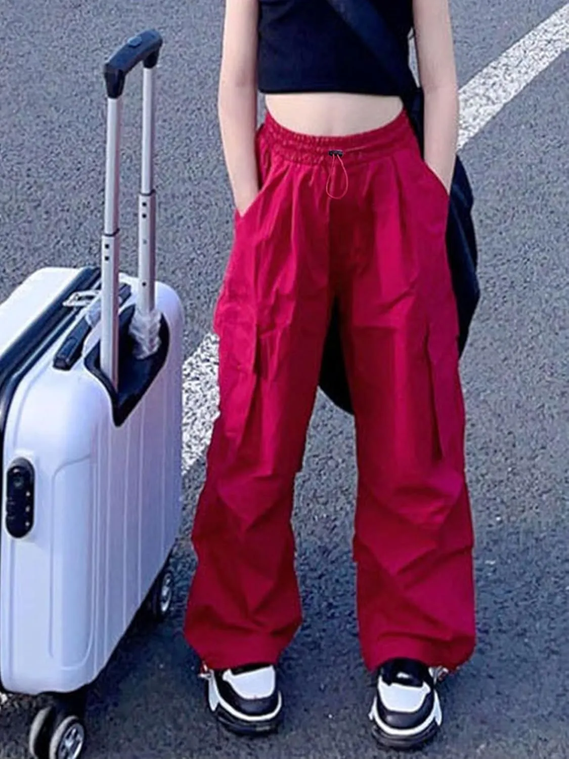 Girls Cargo Pants Elastic Waist Drawstring with Pockets Pants, 6-14 Years