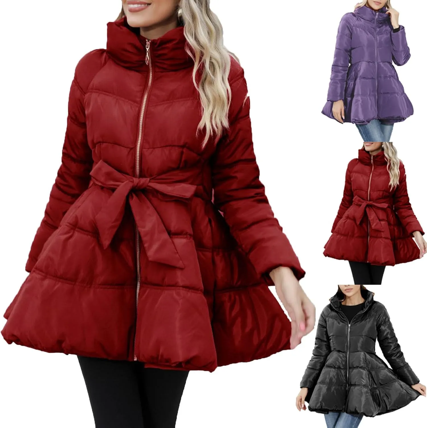HGps8w Women's A-Line Quilted Puffer Jacket, Stand Collar Warm Padded Down Winter Coats Outerwear Dress with Belt