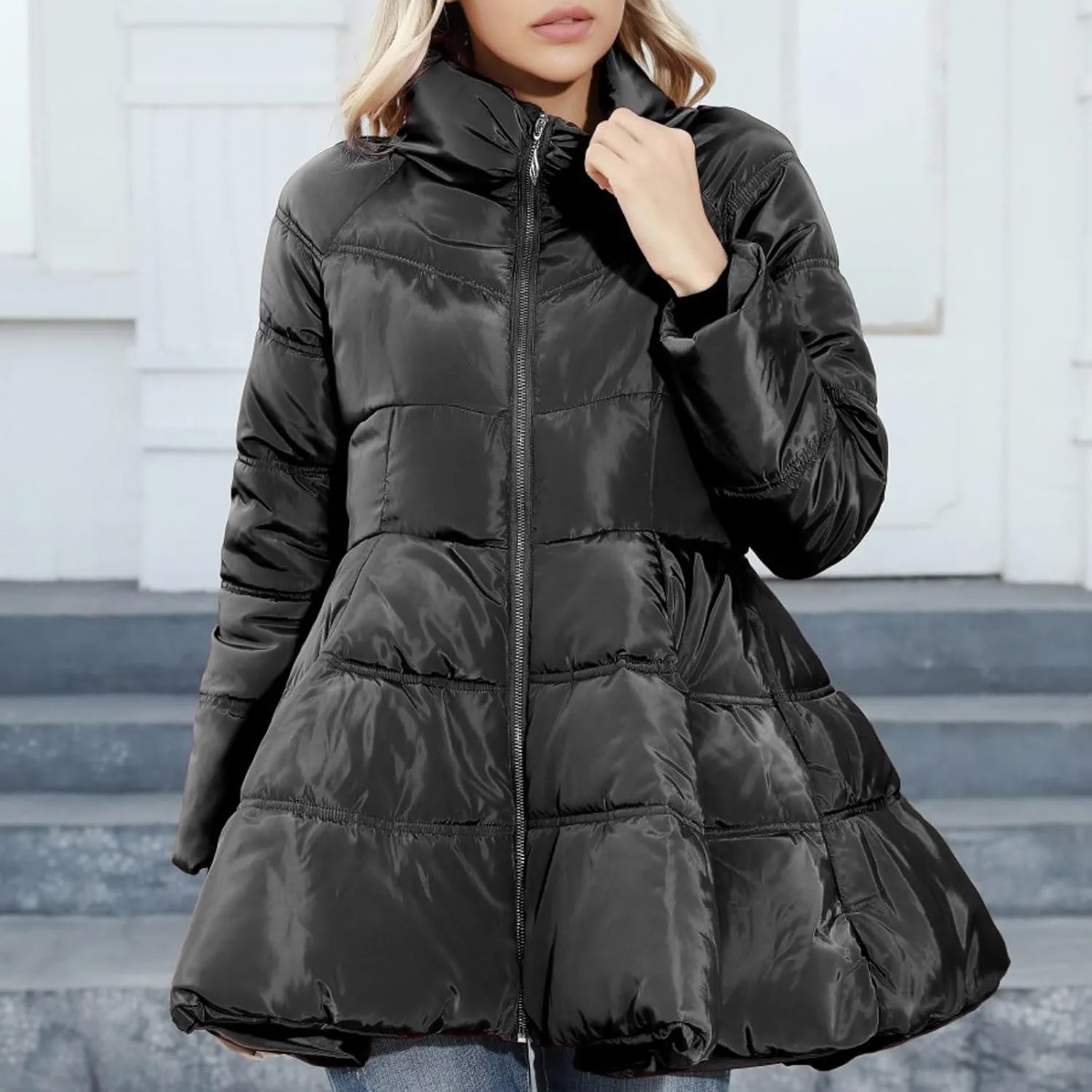 HGps8w Women's A-Line Quilted Puffer Jacket, Stand Collar Warm Padded Down Winter Coats Outerwear Dress with Belt