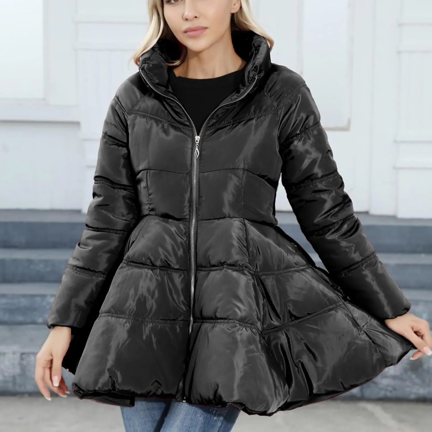 HGps8w Women's A-Line Quilted Puffer Jacket, Stand Collar Warm Padded Down Winter Coats Outerwear Dress with Belt