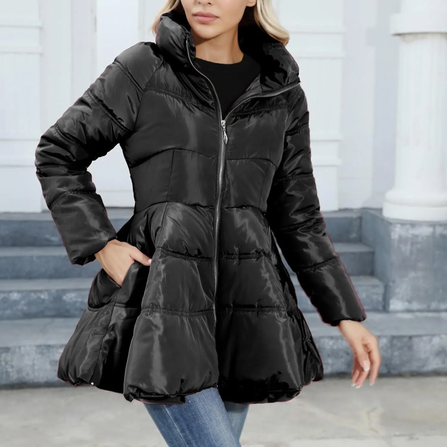HGps8w Women's A-Line Quilted Puffer Jacket, Stand Collar Warm Padded Down Winter Coats Outerwear Dress with Belt