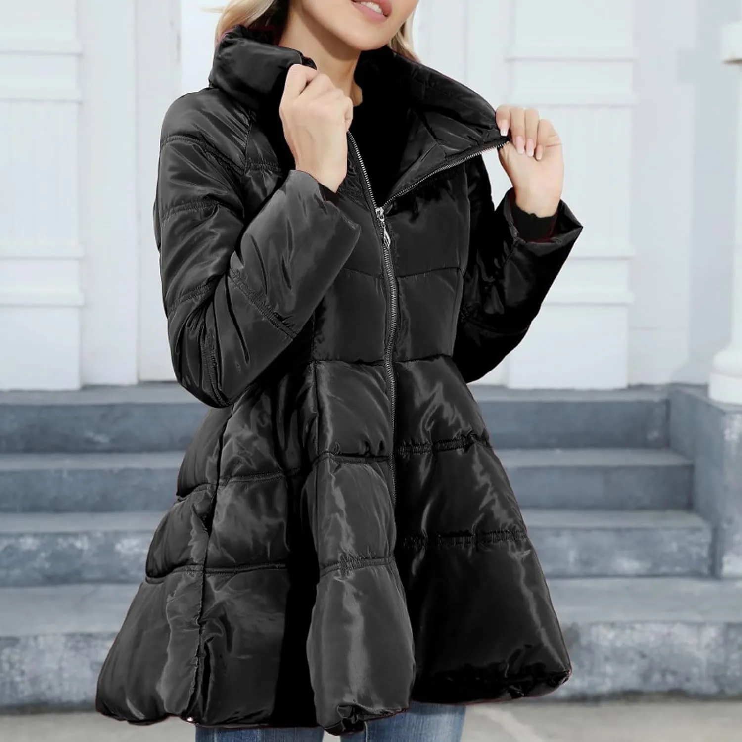 HGps8w Women's A-Line Quilted Puffer Jacket, Stand Collar Warm Padded Down Winter Coats Outerwear Dress with Belt