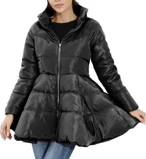 HGps8w Women's A-Line Quilted Puffer Jacket, Stand Collar Warm Padded Down Winter Coats Outerwear Dress with Belt