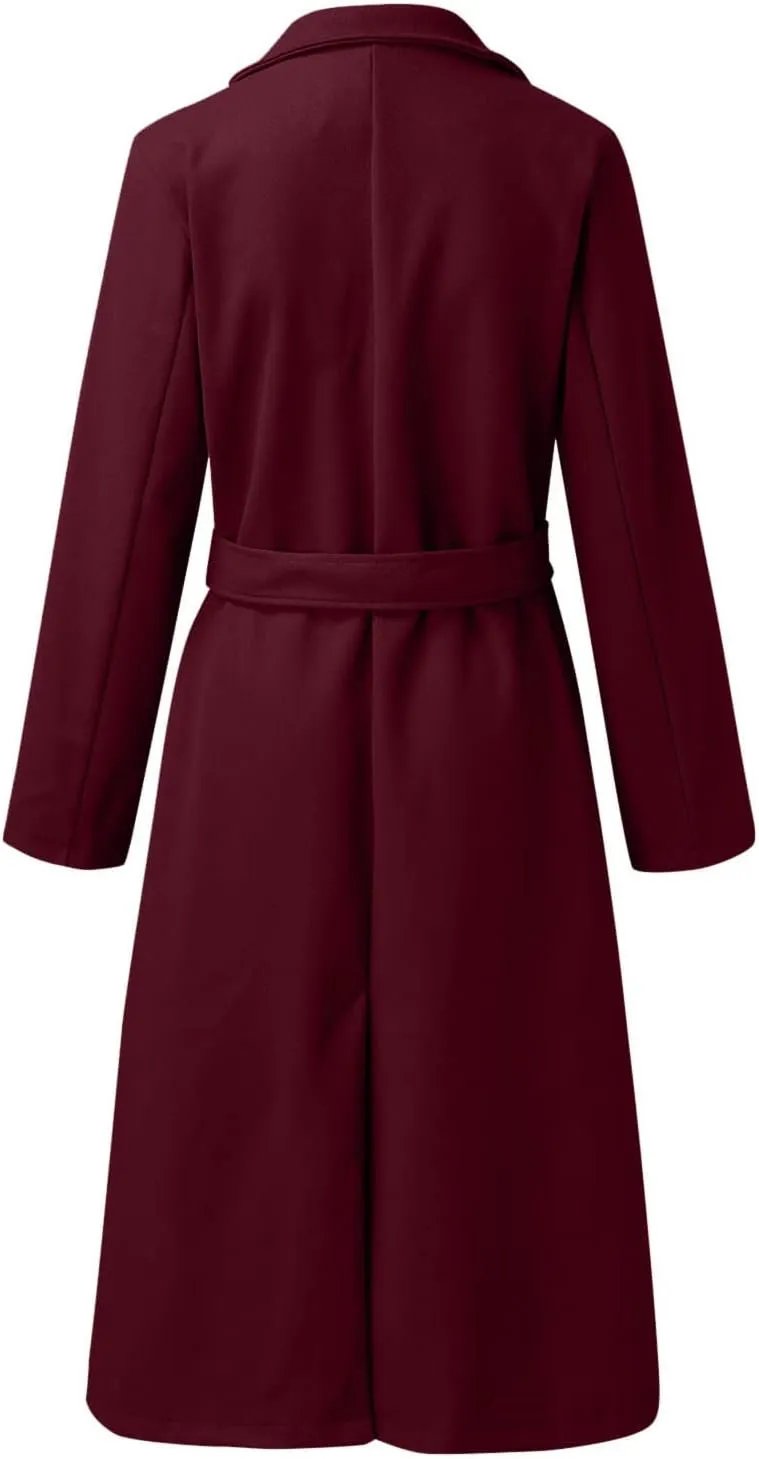HGps8w Women's Faux Wool Coat Elegant Trench Long Jacket Ladies Slim Fit Long Belt Dressy Ring Master Overcoats