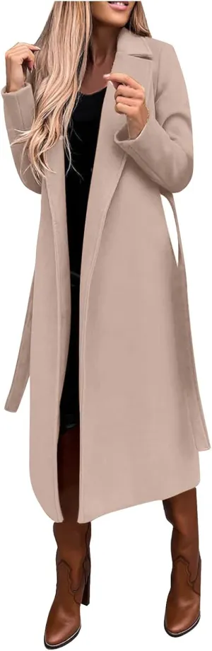 HGps8w Women's Faux Wool Coat Elegant Trench Long Jacket Ladies Slim Fit Long Belt Dressy Ring Master Overcoats