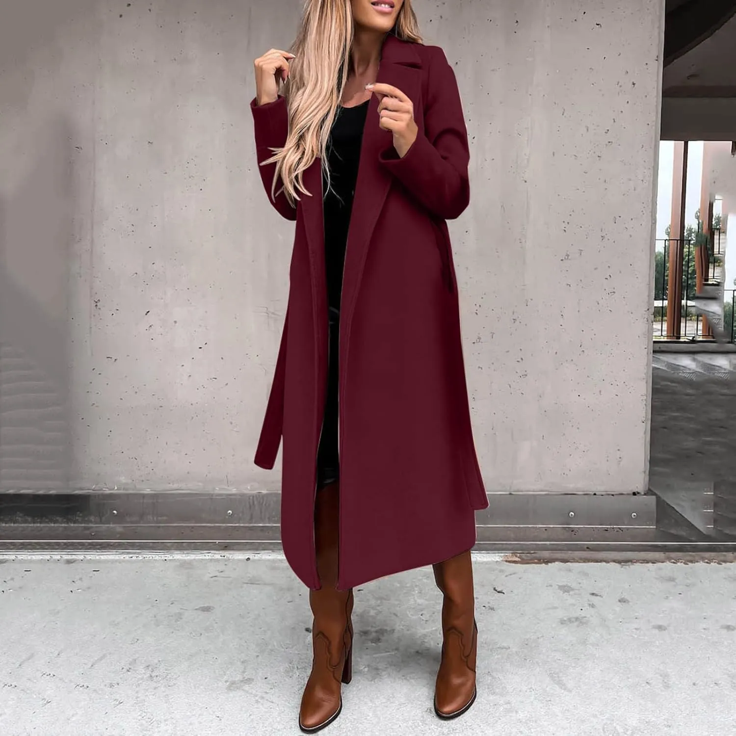 HGps8w Women's Faux Wool Coat Elegant Trench Long Jacket Ladies Slim Fit Long Belt Dressy Ring Master Overcoats