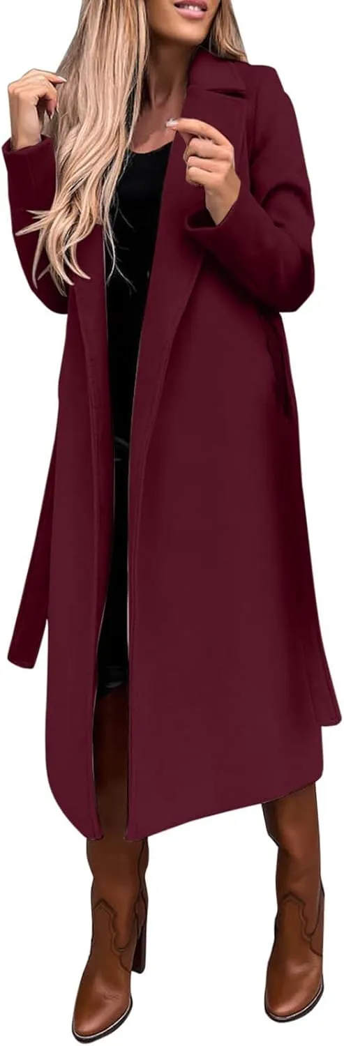 HGps8w Women's Faux Wool Coat Elegant Trench Long Jacket Ladies Slim Fit Long Belt Dressy Ring Master Overcoats