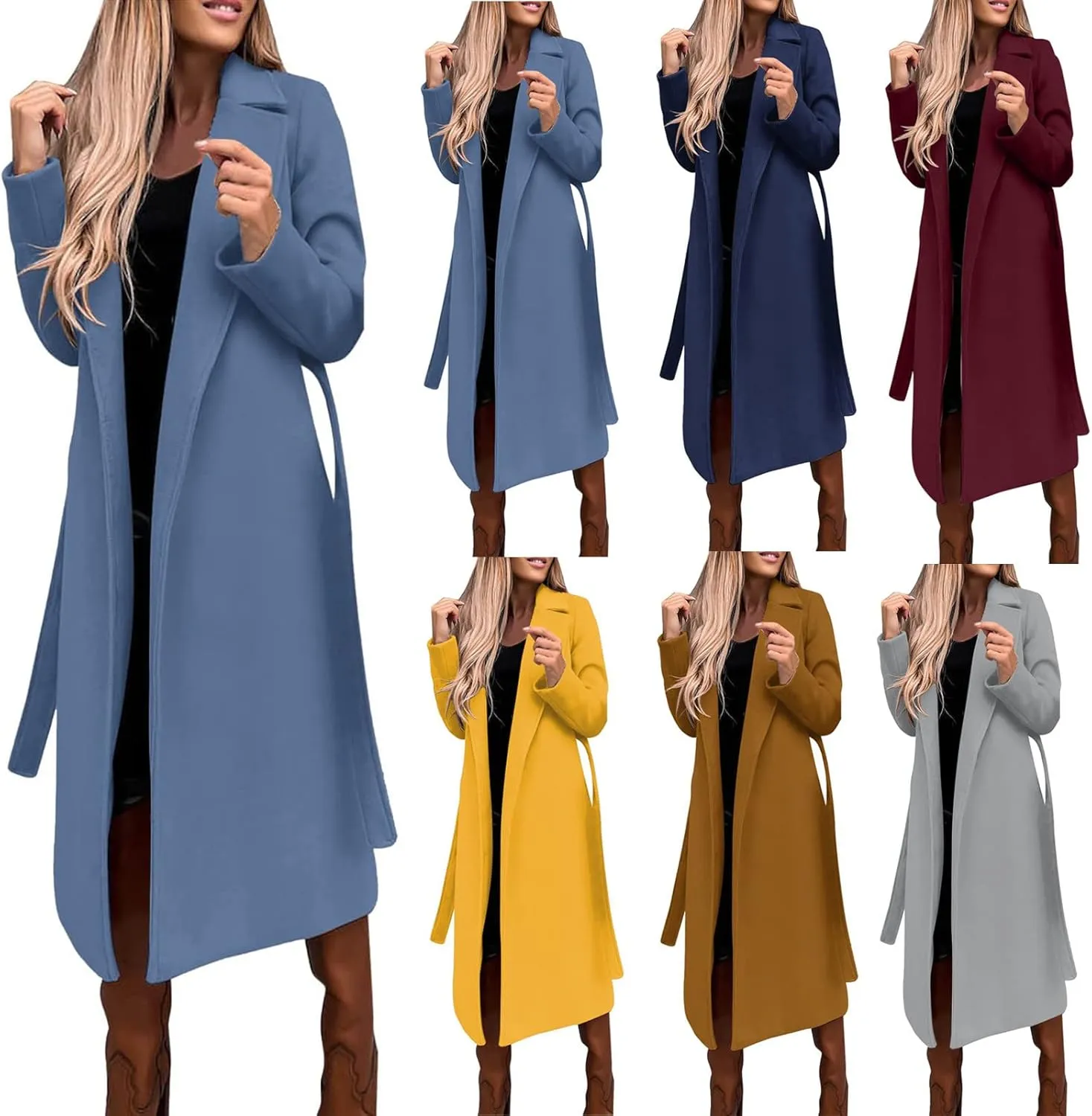 HGps8w Women's Faux Wool Coat Elegant Trench Long Jacket Ladies Slim Fit Long Belt Dressy Ring Master Overcoats