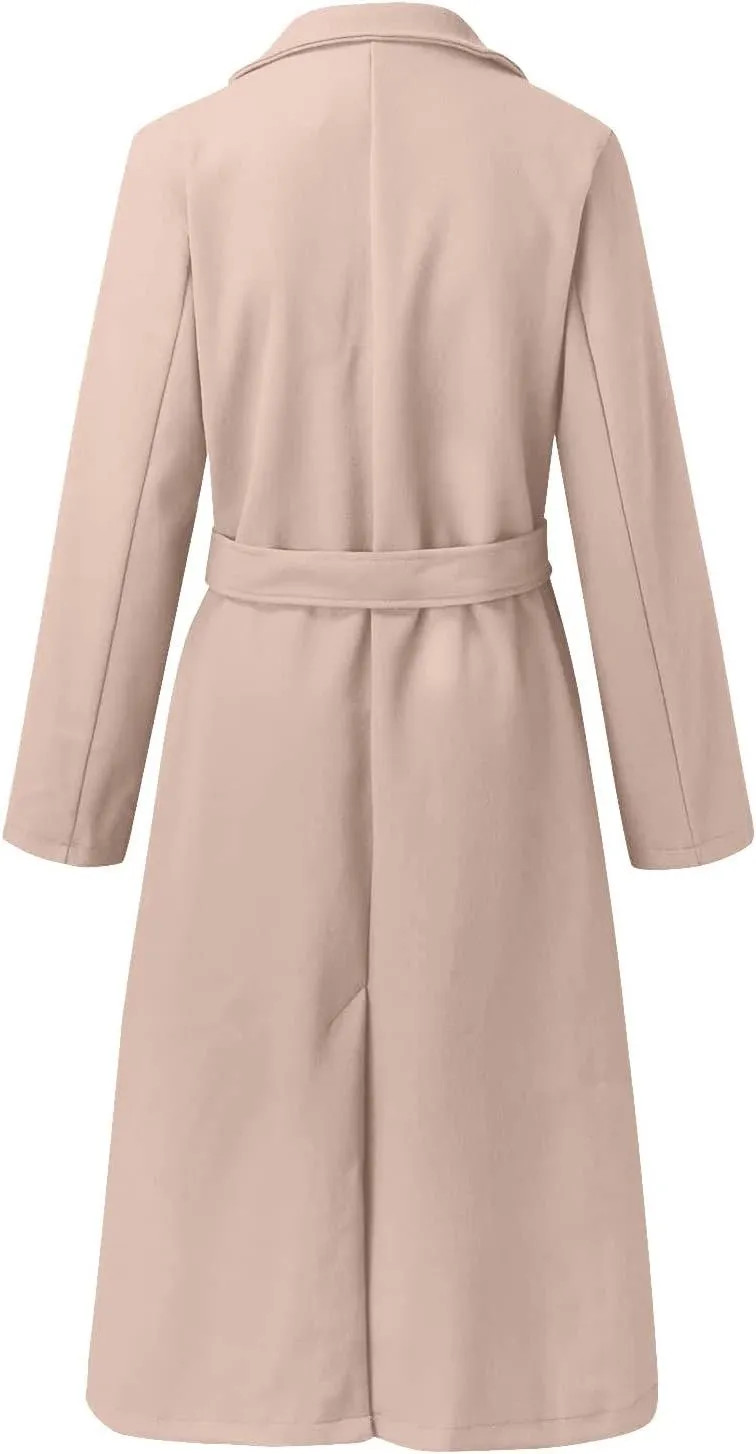 HGps8w Women's Faux Wool Coat Elegant Trench Long Jacket Ladies Slim Fit Long Belt Dressy Ring Master Overcoats