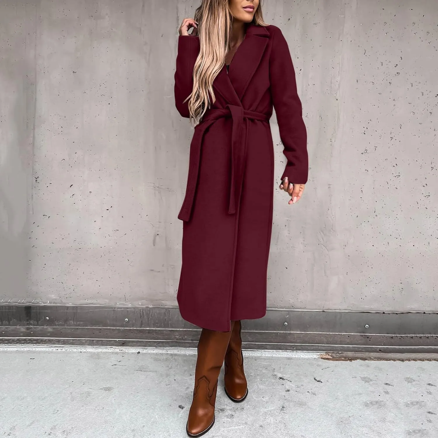 HGps8w Women's Faux Wool Coat Elegant Trench Long Jacket Ladies Slim Fit Long Belt Dressy Ring Master Overcoats