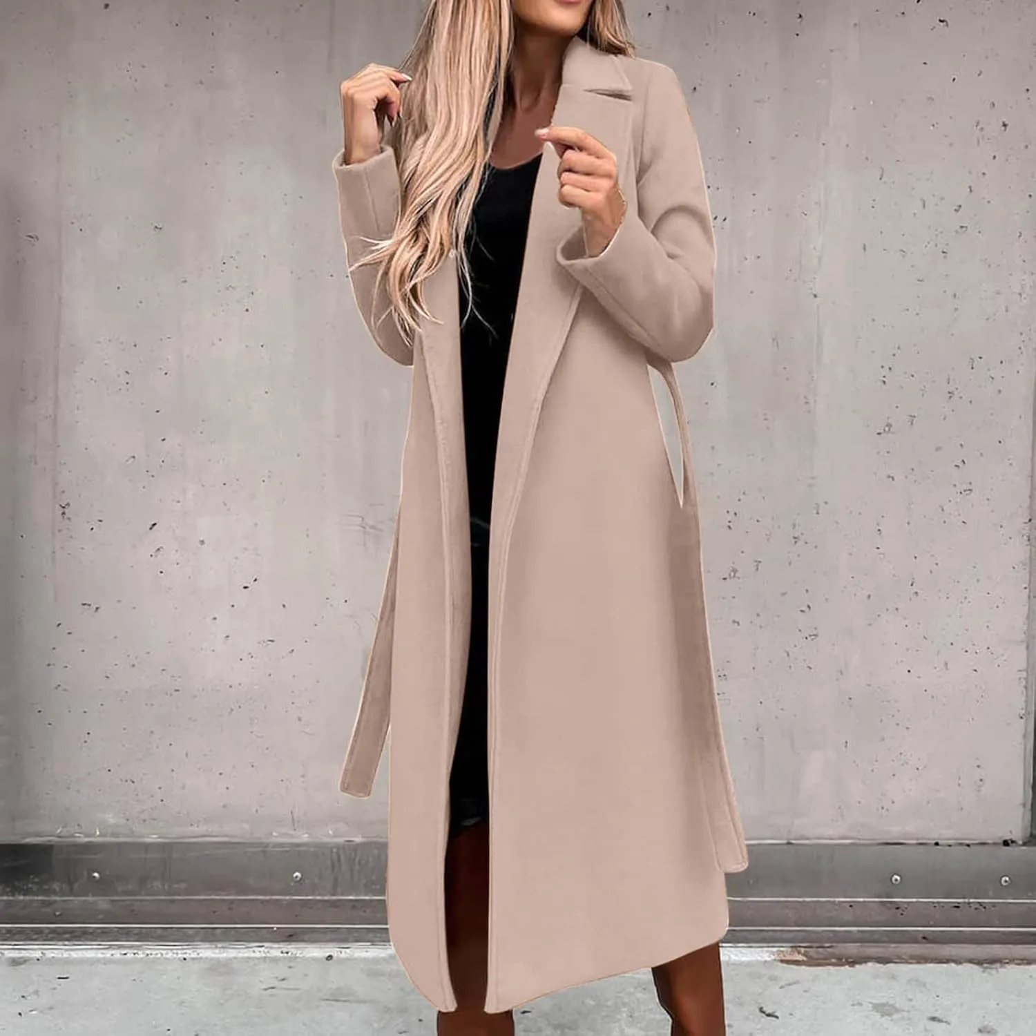 HGps8w Women's Faux Wool Coat Elegant Trench Long Jacket Ladies Slim Fit Long Belt Dressy Ring Master Overcoats