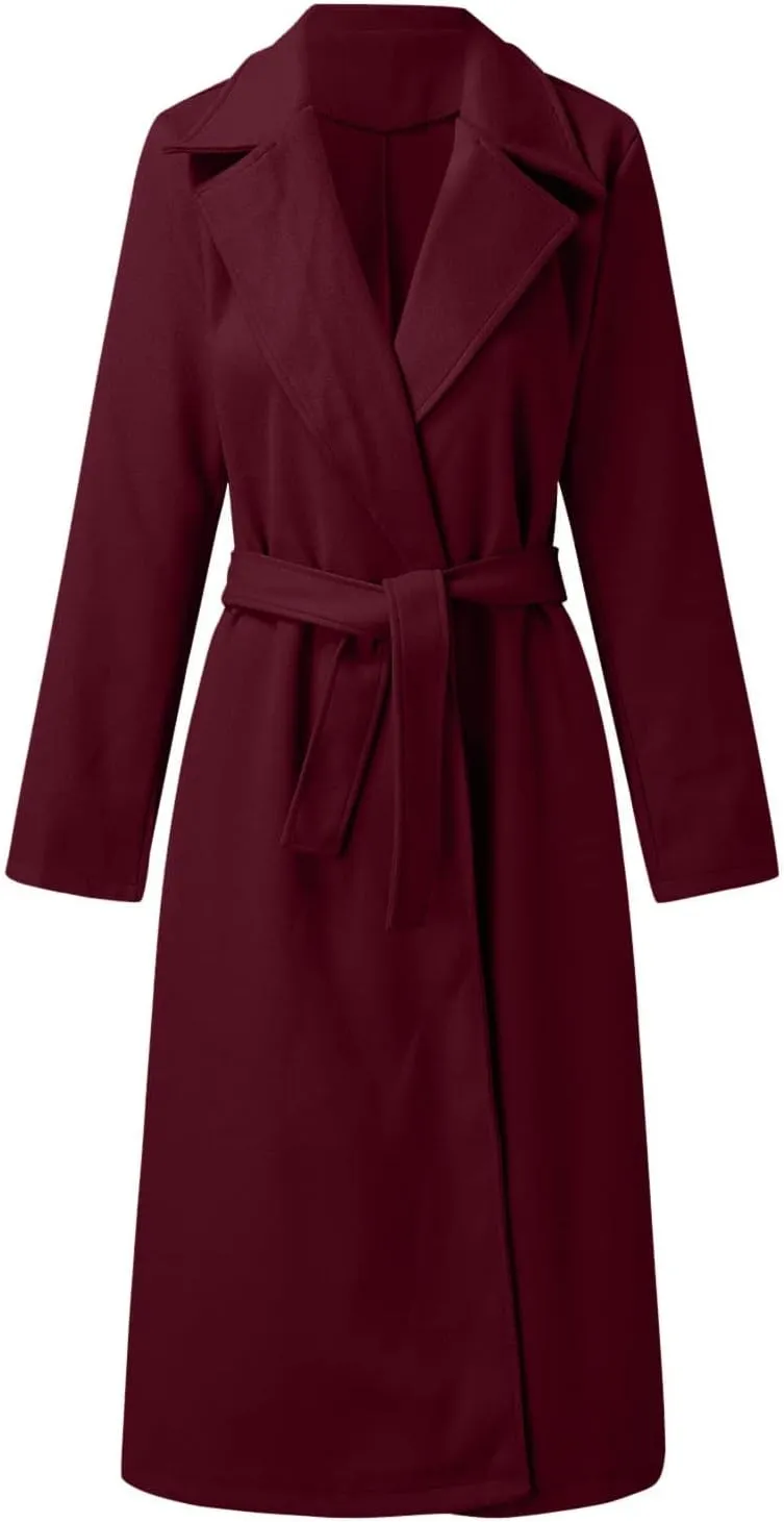 HGps8w Women's Faux Wool Coat Elegant Trench Long Jacket Ladies Slim Fit Long Belt Dressy Ring Master Overcoats