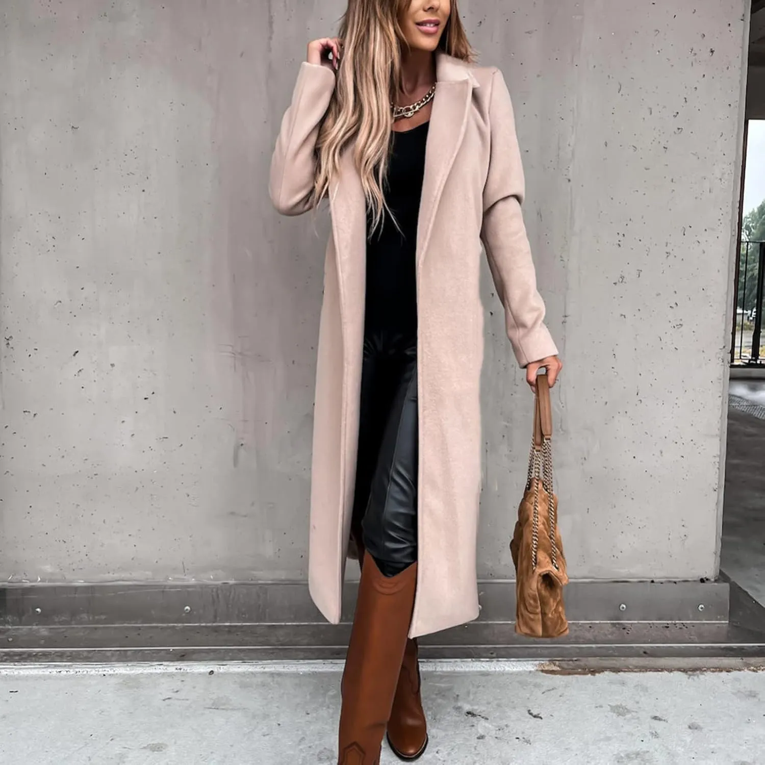 HGps8w Women's Faux Wool Coat Elegant Trench Long Jacket Ladies Slim Fit Long Belt Dressy Ring Master Overcoats