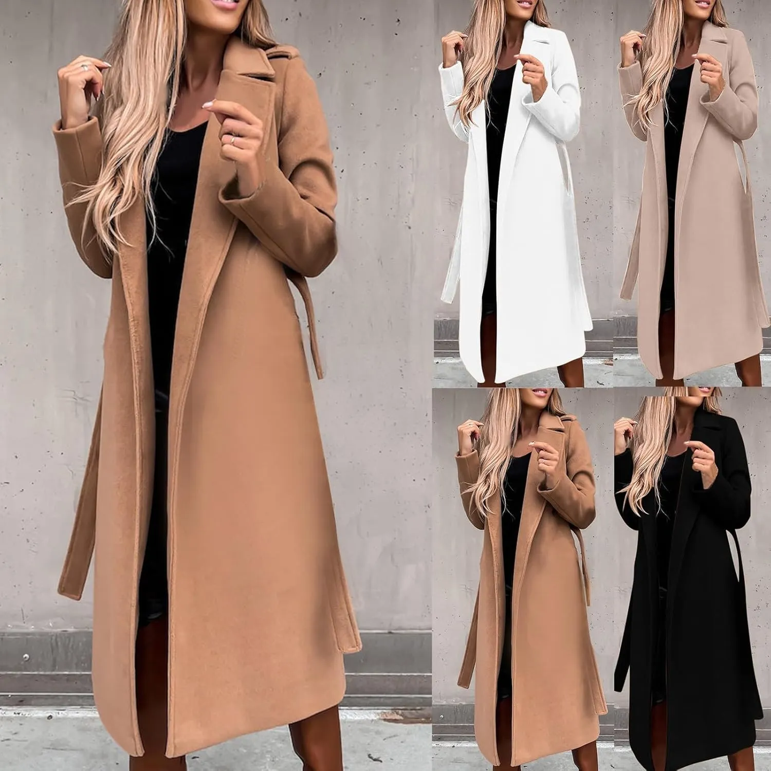 HGps8w Women's Faux Wool Coat Elegant Trench Long Jacket Ladies Slim Fit Long Belt Dressy Ring Master Overcoats