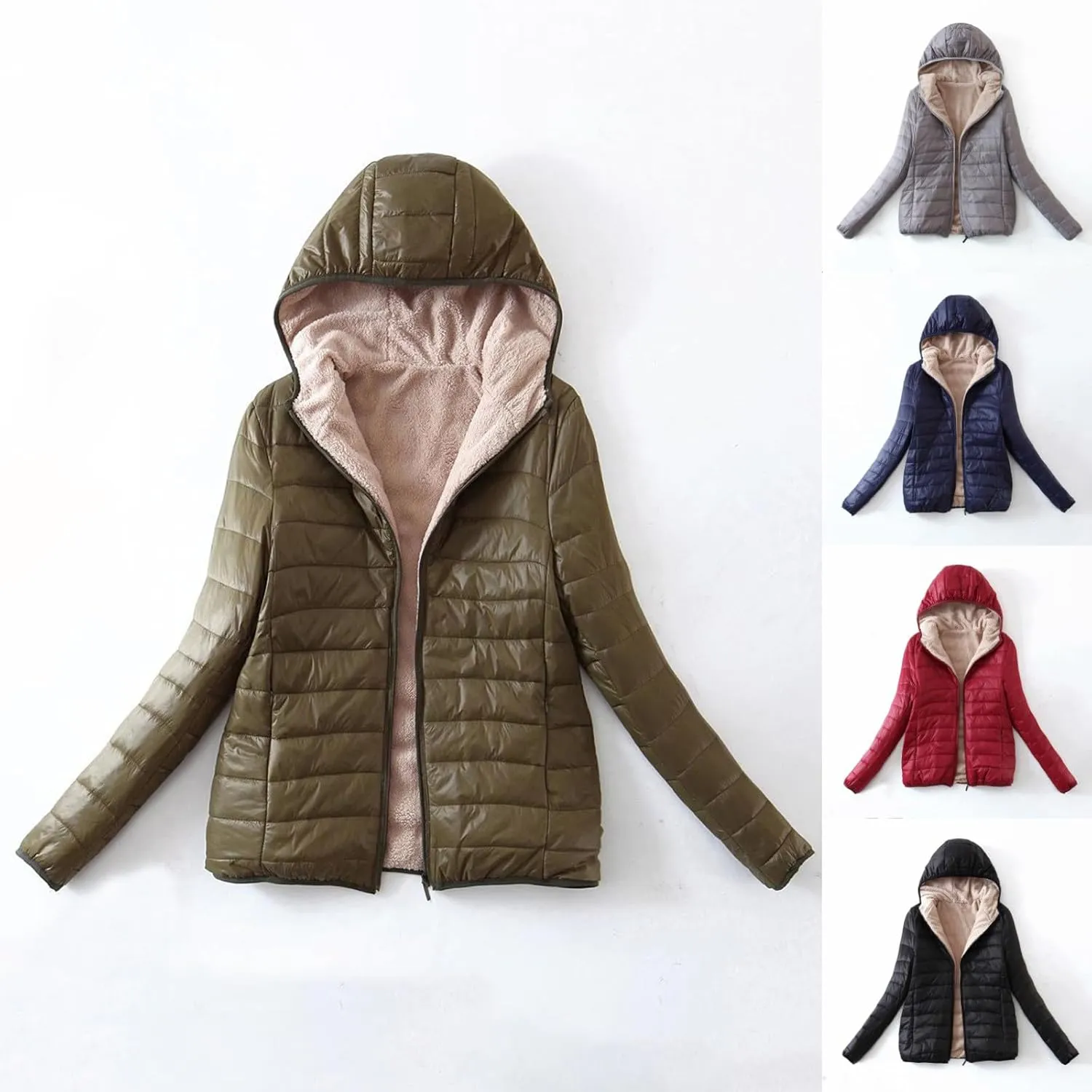 HGps8w Women's Fleece Sherpa Lined Hooded Quilted Puffer Jacket, Long Sleeve Padded Down Warm Winter Coats Outerwear