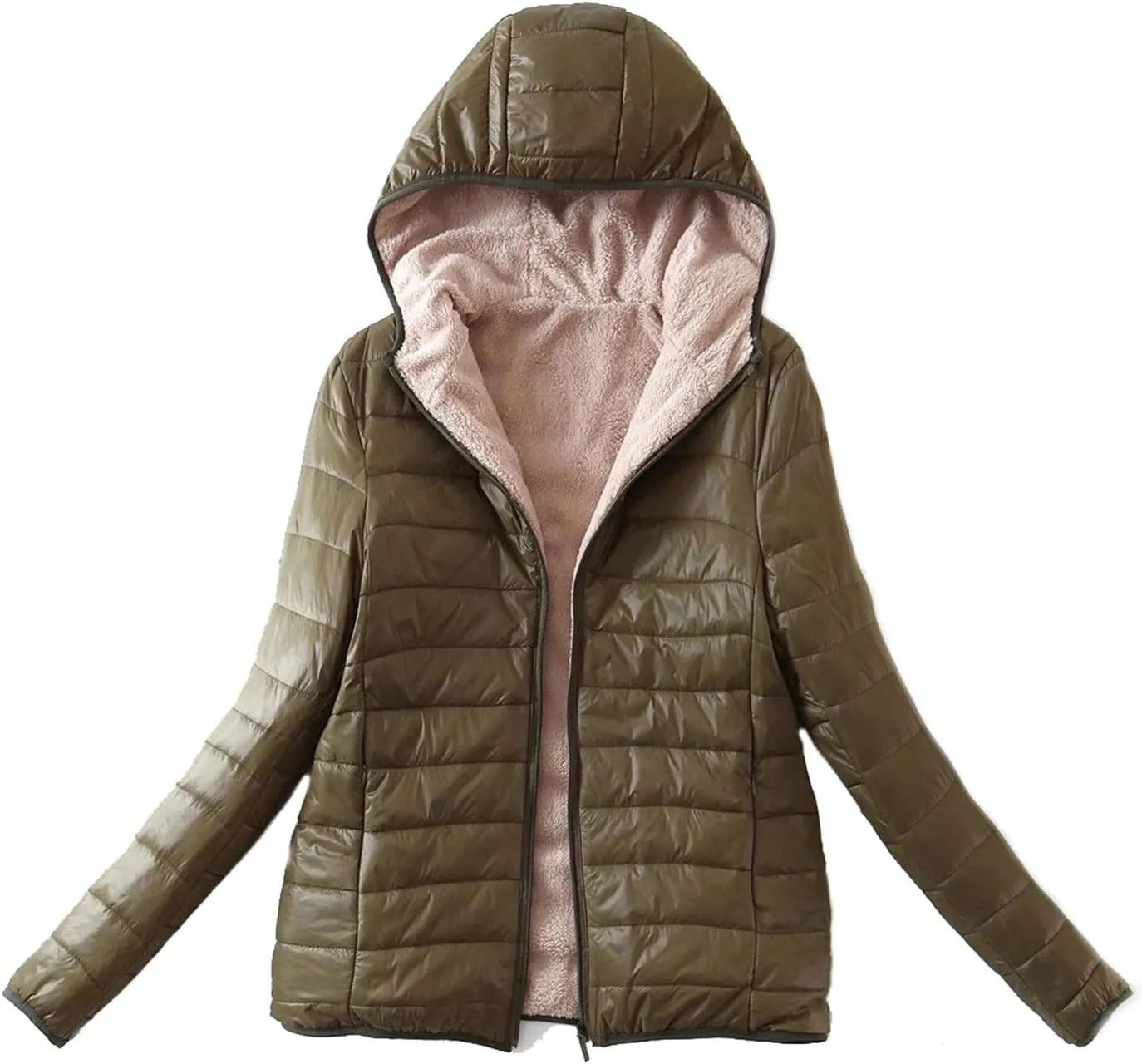HGps8w Women's Fleece Sherpa Lined Hooded Quilted Puffer Jacket, Long Sleeve Padded Down Warm Winter Coats Outerwear