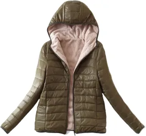 HGps8w Women's Fleece Sherpa Lined Hooded Quilted Puffer Jacket, Long Sleeve Padded Down Warm Winter Coats Outerwear