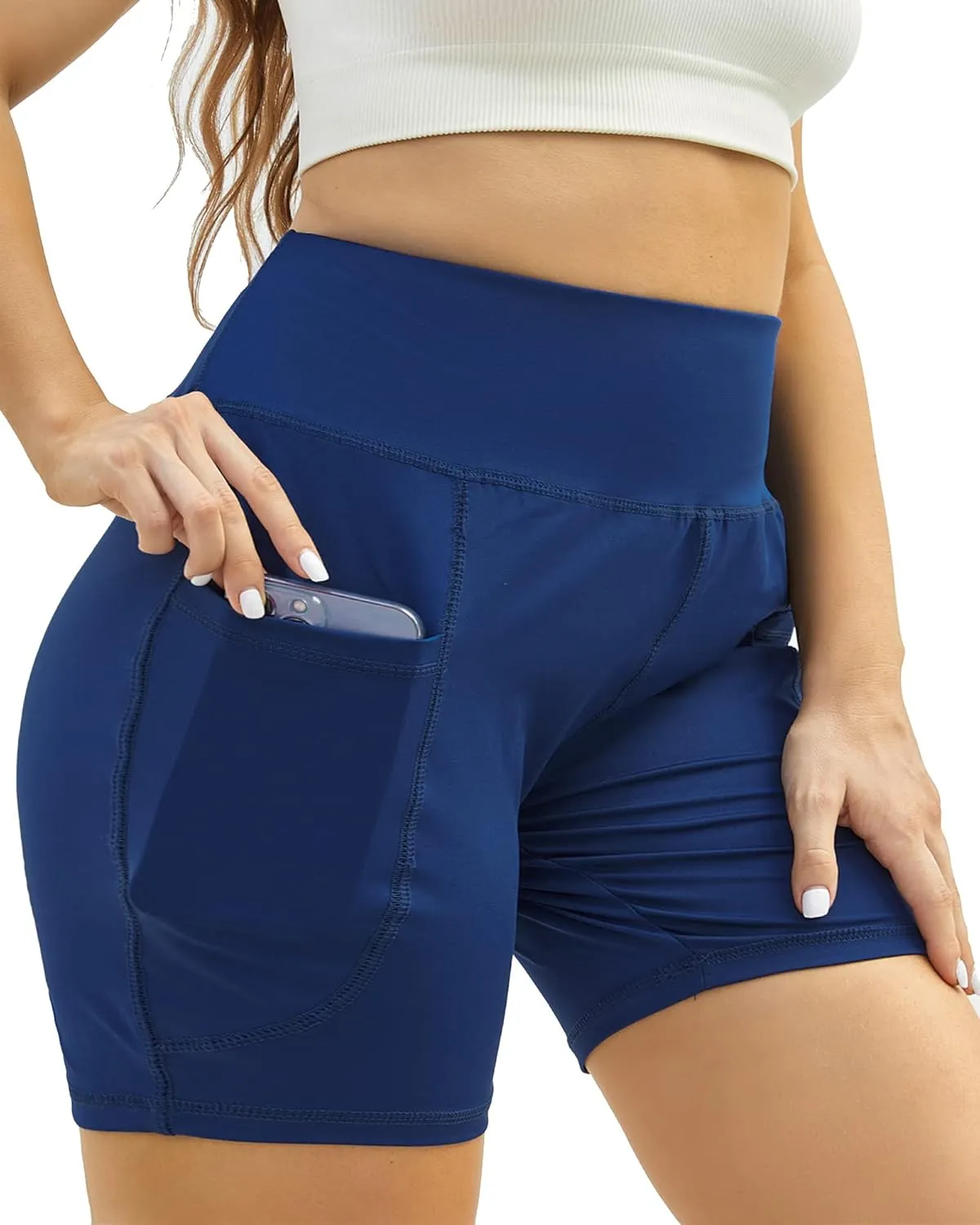 Honwenle Women's Plus Size Yoga Shorts High Waist Biker Workout Athletic Running Tummy Control Stretch Shorts with Pockets