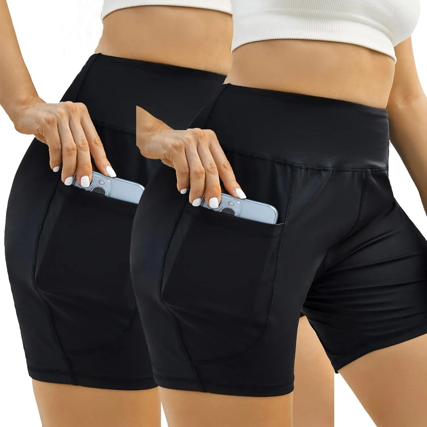 Honwenle Women's Plus Size Yoga Shorts High Waist Biker Workout Athletic Running Tummy Control Stretch Shorts with Pockets