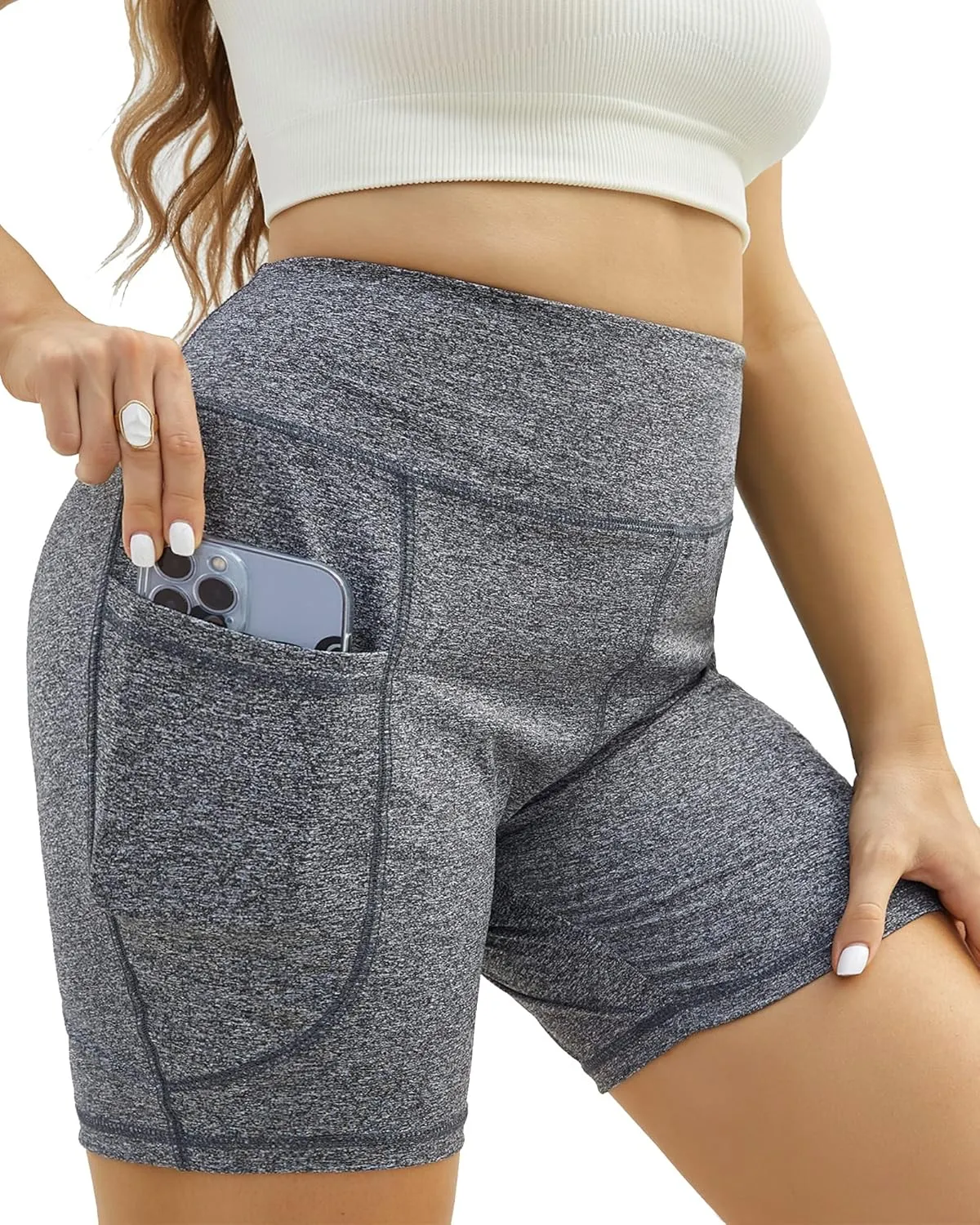 Honwenle Women's Plus Size Yoga Shorts High Waist Biker Workout Athletic Running Tummy Control Stretch Shorts with Pockets