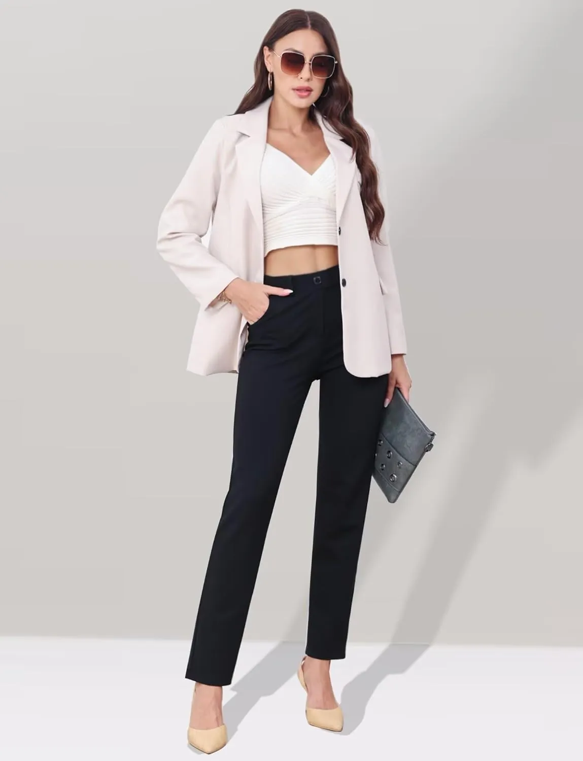 Houmous Work Pants Women Dress Skinny Leg Slacks 27"/29" Stretch Casual with Pockets Business Office Slim Trousers