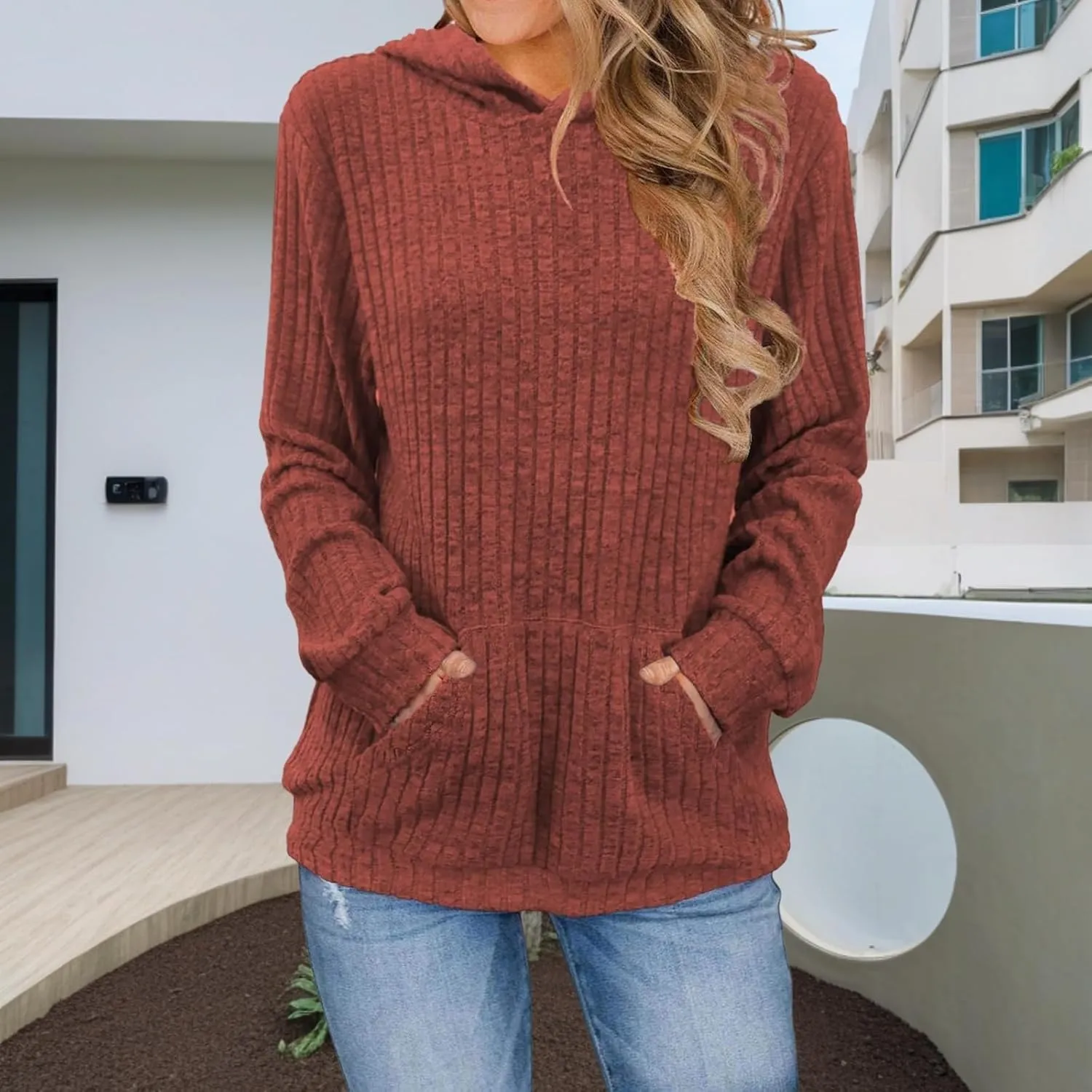 HXHYQKP Hooded Sweater Women Long Sleeve Shirts Casual Pullover Sweatshirts Knitted Sweaters Loose Tunic Tops with Pockets