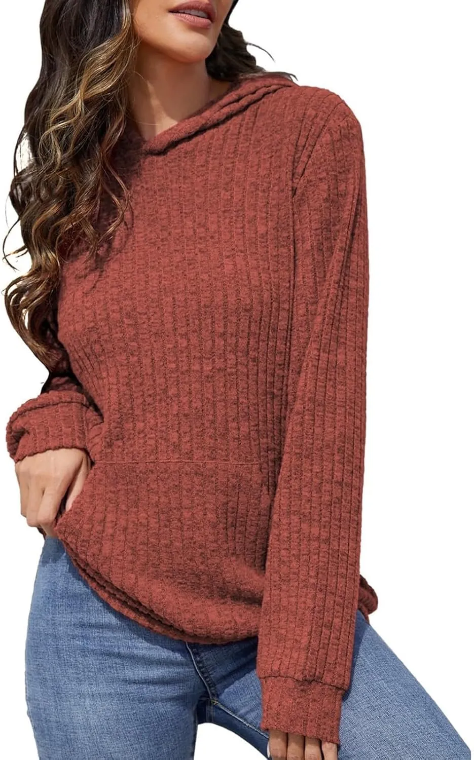 HXHYQKP Hooded Sweater Women Long Sleeve Shirts Casual Pullover Sweatshirts Knitted Sweaters Loose Tunic Tops with Pockets