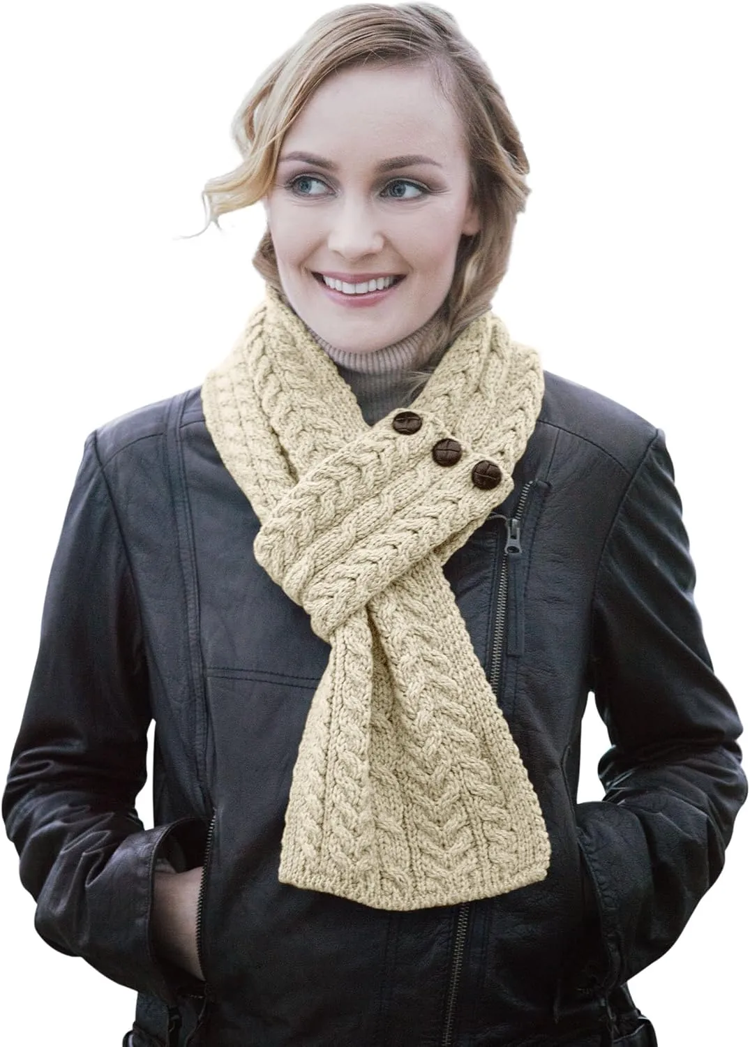 Ladies Wool Button Loop Irish Scarf (Natural)