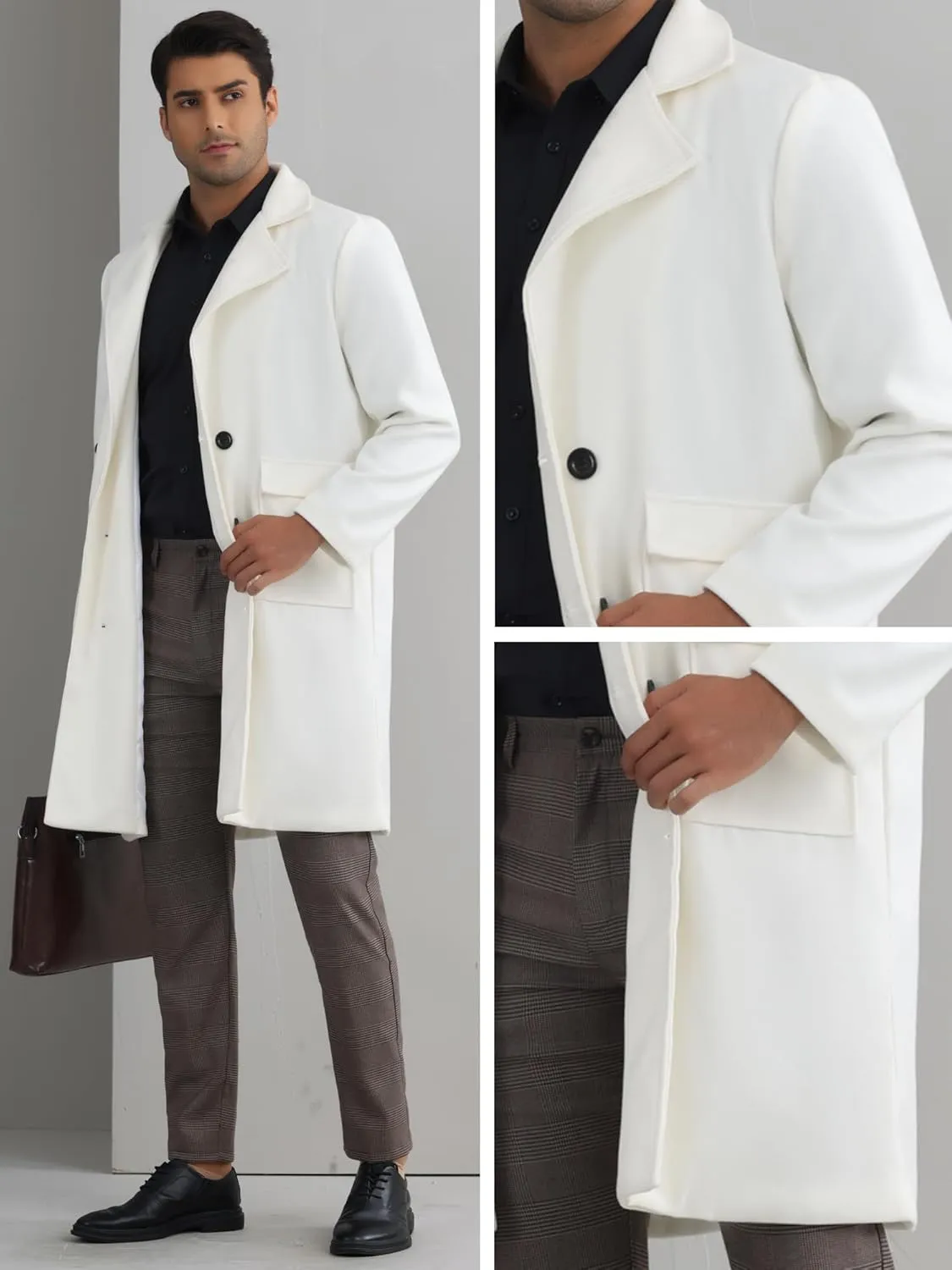 Lars Amadeus Winter Coats for Men's Notched Collar Double Breasted Long Trench Coat
