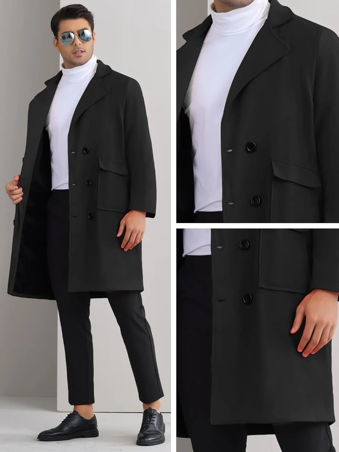 Lars Amadeus Winter Coats for Men's Notched Collar Double Breasted Long Trench Coat